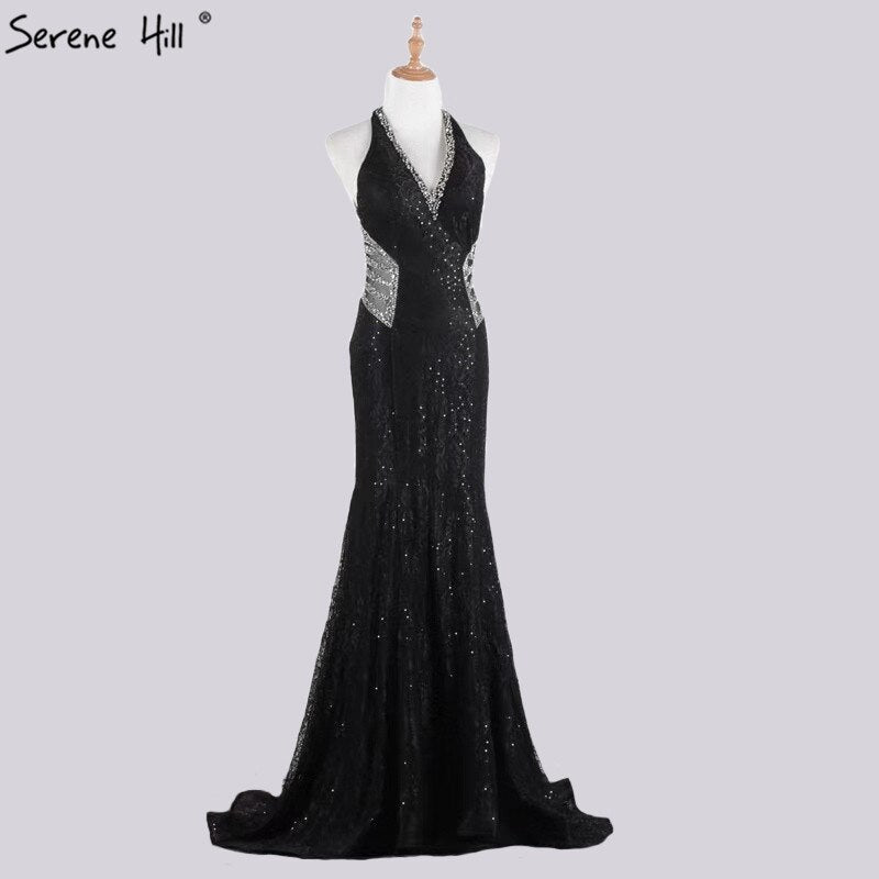 Zum Verkauf, keine Rückgabe, keine Rückerstattung. Verkauf, blaues Neckholder-Abendkleid im Dubai-Design, echtes Foto, Perlenbesetzte Spitze, sexy Abendkleider 2025 LA60818 