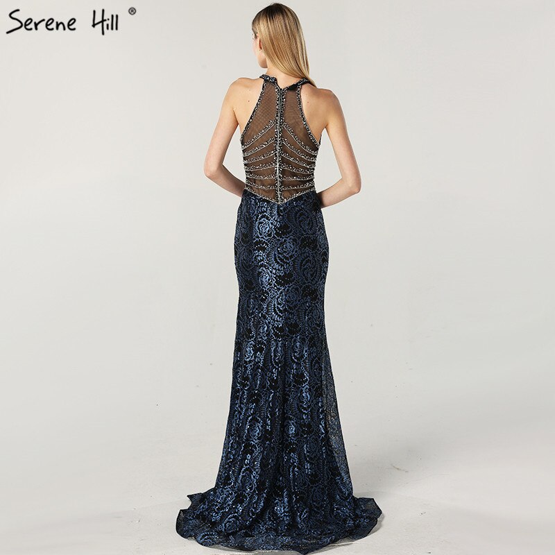 Zum Verkauf, keine Rückgabe, keine Rückerstattung. Verkauf, blaues Neckholder-Abendkleid im Dubai-Design, echtes Foto, Perlenbesetzte Spitze, sexy Abendkleider 2025 LA60818 