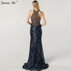 Zum Verkauf, keine Rückgabe, keine Rückerstattung. Verkauf, blaues Neckholder-Abendkleid im Dubai-Design, echtes Foto, Perlenbesetzte Spitze, sexy Abendkleider 2025 LA60818 
