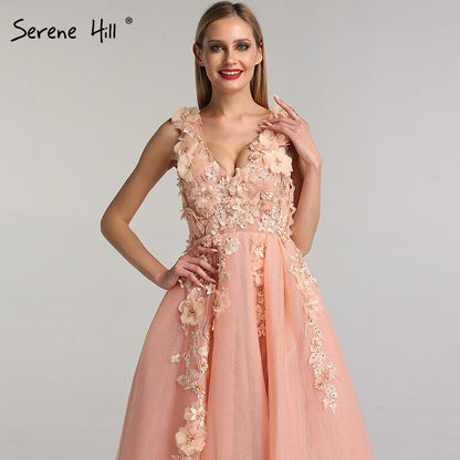 En oferta, sin devolución ni reembolso. Venta de vestidos de noche con escote en V, sin mangas, sexys, de corte A, con flores azules hechas a mano y diamantes, vestido formal 2025 LA60867 