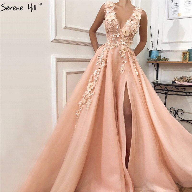 En oferta, sin devolución ni reembolso. Venta de vestidos de noche con escote en V, sin mangas, sexys, de corte A, con flores azules hechas a mano y diamantes, vestido formal 2025 LA60867 