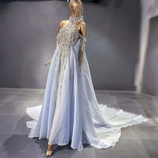 Blau Luxus Halter Cape Abendkleider Kleider 2025 Perlen A-Line High-end Für Frauen Party LA71522 