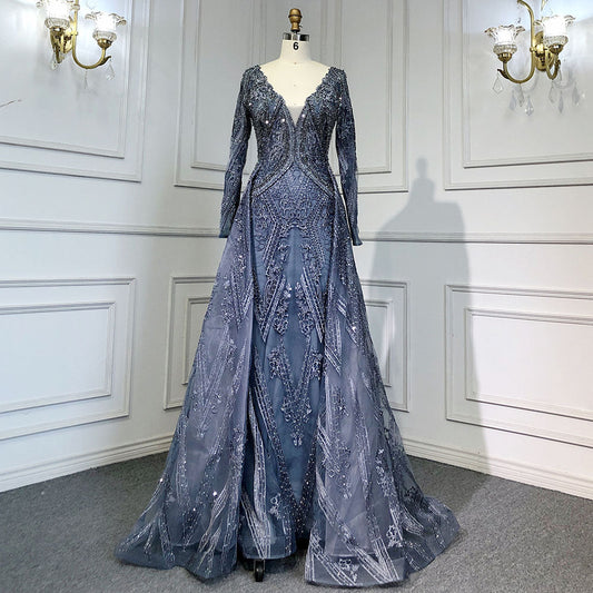 Blau Luxus Meerjungfrau Überrock Abendkleider Kleider 2025 Perlen Elegante Lange Ärmel Für Frauen Party LA71619 