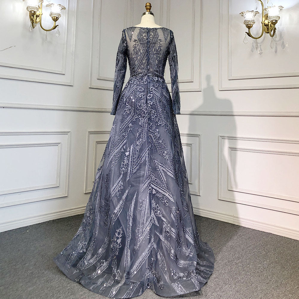 Blau Luxus Meerjungfrau Überrock Abendkleider Kleider 2025 Perlen Elegante Lange Ärmel Für Frauen Party LA71619 