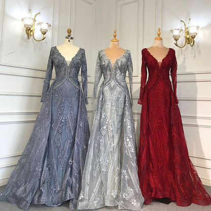Blau Luxus Meerjungfrau Überrock Abendkleider Kleider 2025 Perlen Elegante Lange Ärmel Für Frauen Party LA71619 