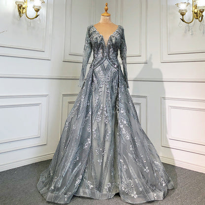 Blau Luxus Meerjungfrau Überrock Abendkleider Kleider 2025 Perlen Elegante Lange Ärmel Für Frauen Party LA71619 