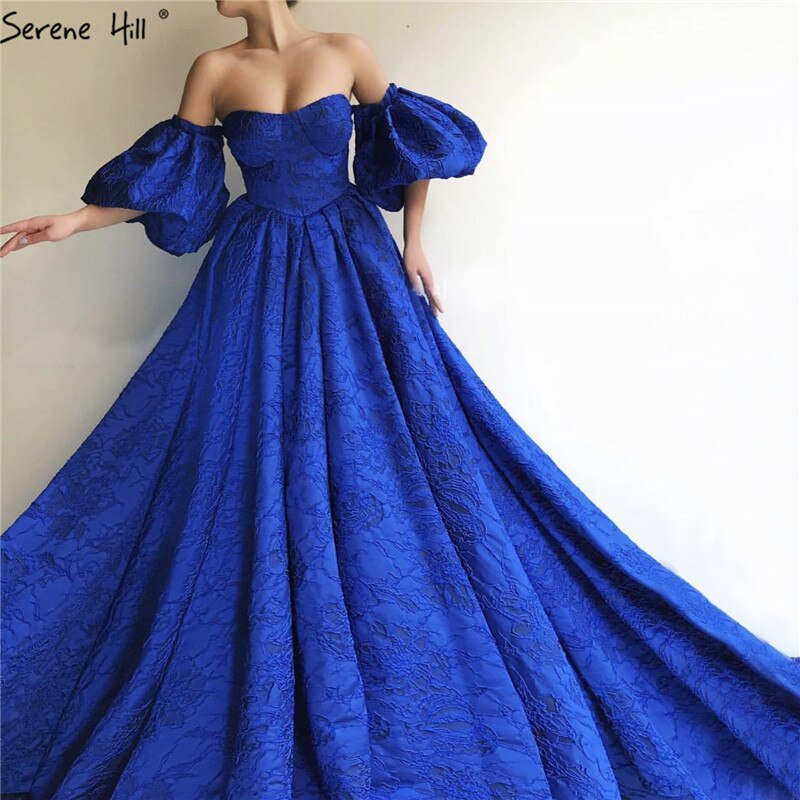 En oferta, sin devolución ni reembolso. Oferta: Vestidos de noche azules con hombros descubiertos, mangas abullonadas y media manga. Vestidos de noche formales de moda sexy de Dubái LA60923. 
