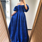 En oferta, sin devolución ni reembolso. Oferta: Vestidos de noche azules con hombros descubiertos, mangas abullonadas y media manga. Vestidos de noche formales de moda sexy de Dubái LA60923. 
