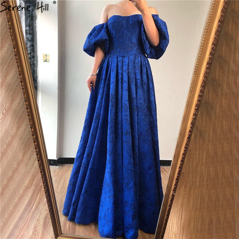 En oferta, sin devolución ni reembolso. Oferta: Vestidos de noche azules con hombros descubiertos, mangas abullonadas y media manga. Vestidos de noche formales de moda sexy de Dubái LA60923. 