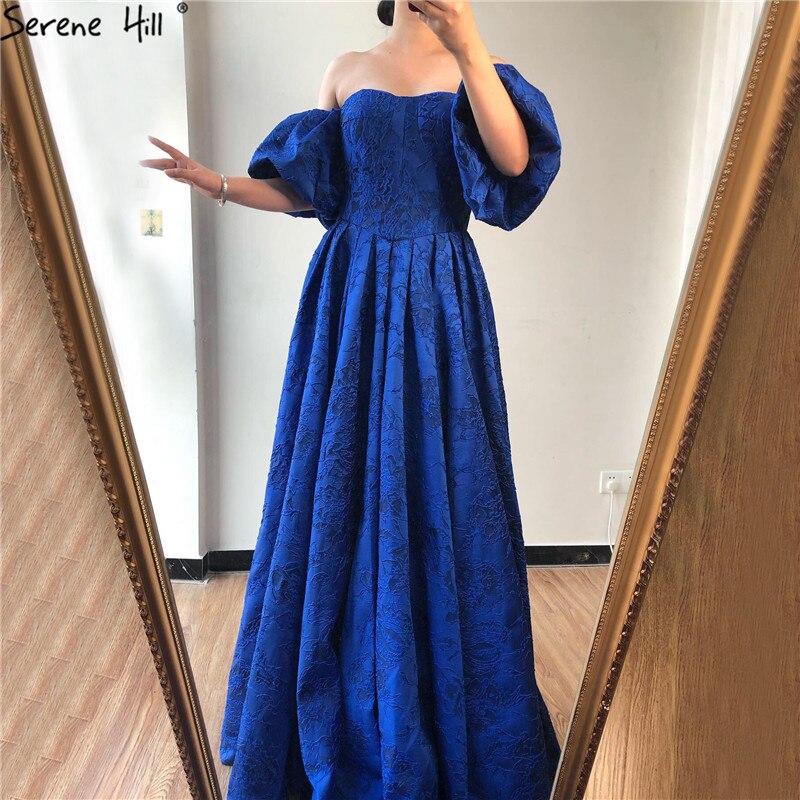 En oferta, sin devolución ni reembolso. Oferta: Vestidos de noche azules con hombros descubiertos, mangas abullonadas y media manga. Vestidos de noche formales de moda sexy de Dubái LA60923. 