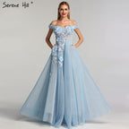 Verkauf Blau Off Schulter Sexy Strand Abendkleider Handgemachte Blumen Perlen Ärmellose Abendkleider 2025 LA60868 