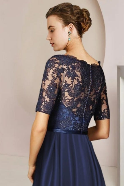 Vestidos de madre de la novia de encaje azul, cortos, corte A y mangas