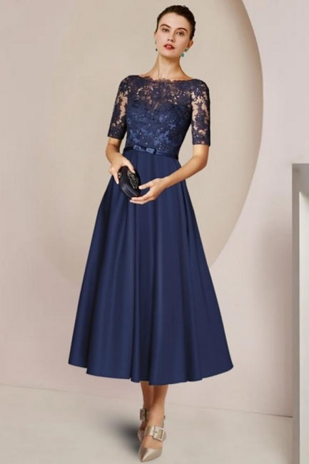 Vestidos de madre de la novia de encaje azul, cortos, corte A y mangas