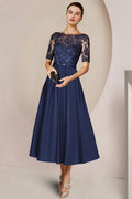 Vestidos de madre de la novia de encaje azul, cortos, corte A y mangas