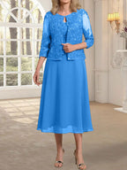 Vestido de gasa con encaje y lentejuelas para madre de la novia, corte A, escote redondo y largo hasta la rodilla