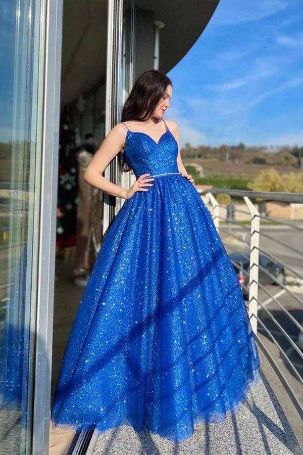 Blaues A-Linien-Tüll-Ballkleid, langes, funkelndes Abendkleid, PSK394