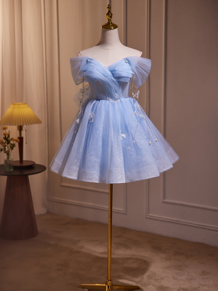 Blaue Fee, schulterfreies, kurzes Homecoming-Kleid aus Spitze