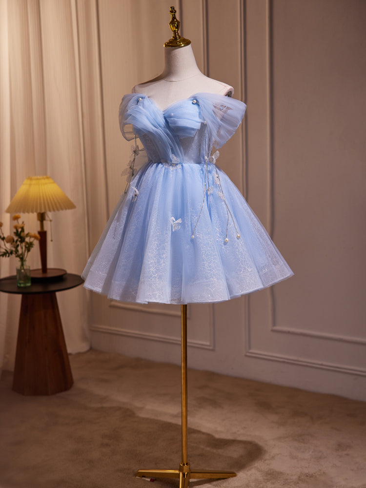 Blaue Fee, schulterfreies, kurzes Homecoming-Kleid aus Spitze