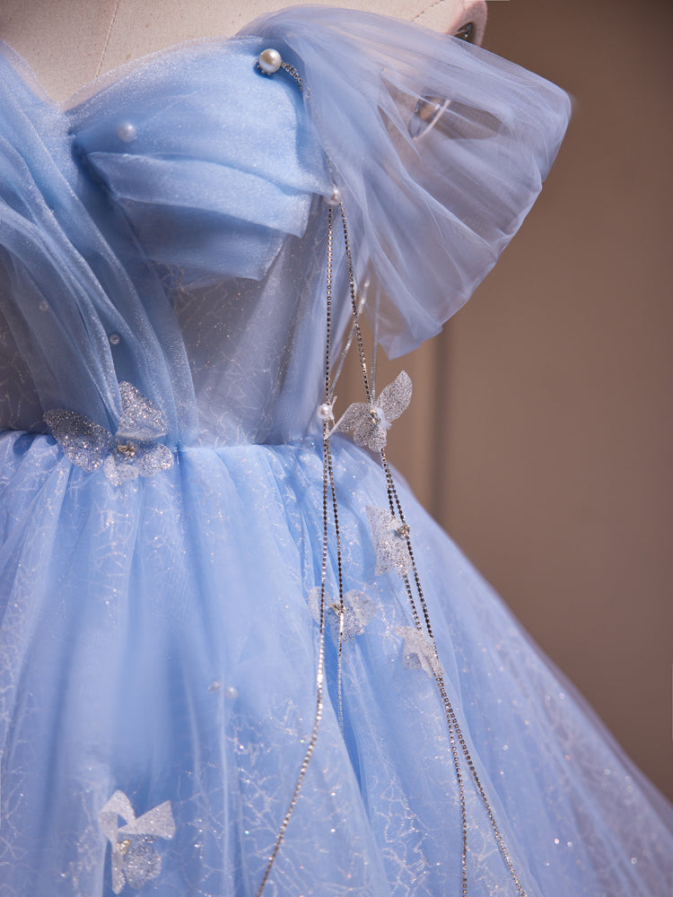 Blaue Fee, schulterfreies, kurzes Homecoming-Kleid aus Spitze