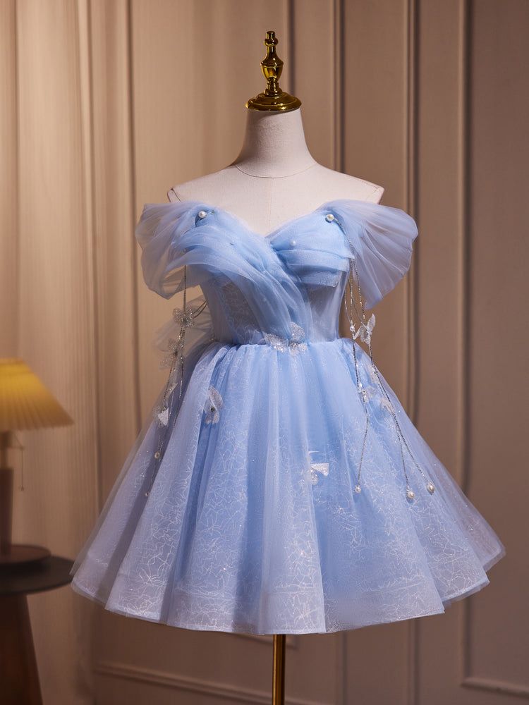 Blaue Fee, schulterfreies, kurzes Homecoming-Kleid aus Spitze
