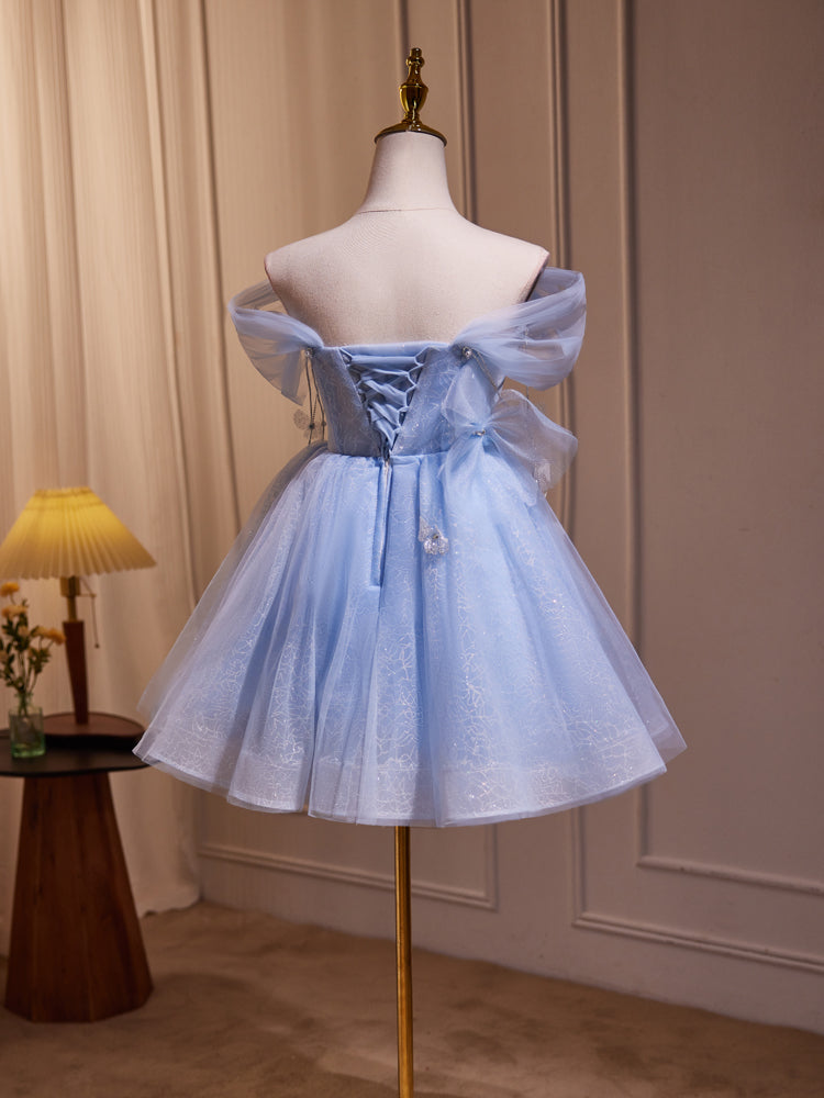 Blaue Fee, schulterfreies, kurzes Homecoming-Kleid aus Spitze