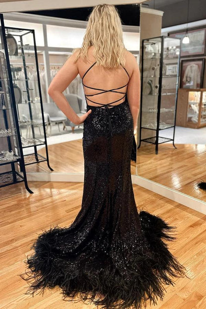 Blaues, glitzerndes langes Meerjungfrau-Ballkleid mit Pailletten und Federrücken und Schlitz PSK419