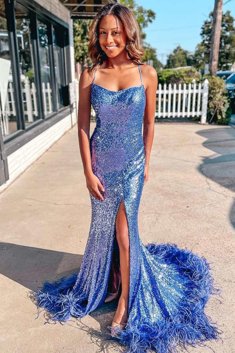 Blaues, glitzerndes langes Meerjungfrau-Ballkleid mit Pailletten und Federrücken und Schlitz PSK419