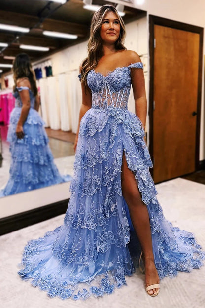 Robe de bal longue à volants et épaules dénudées avec appliques en tulle bleu PSK478