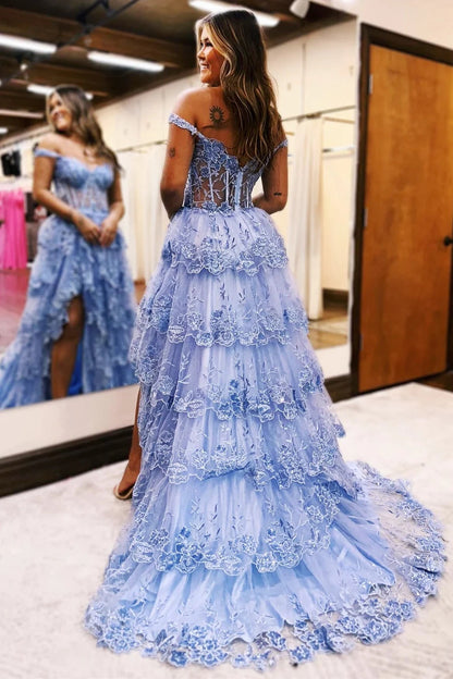 Robe de bal longue à volants et épaules dénudées avec appliques en tulle bleu PSK478