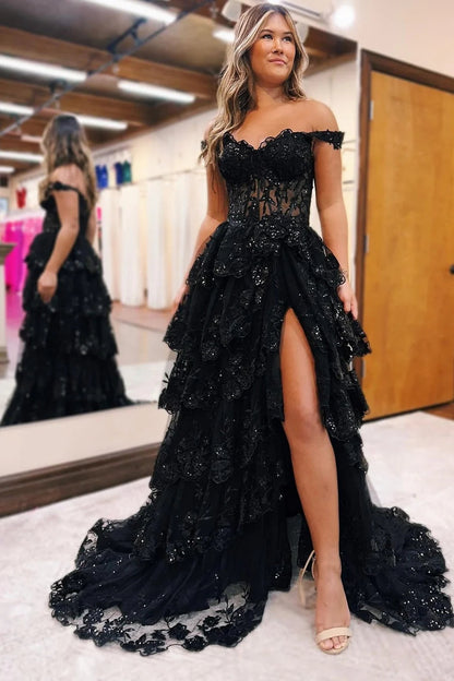 Robe de bal longue à volants et épaules dénudées avec appliques en tulle bleu PSK478