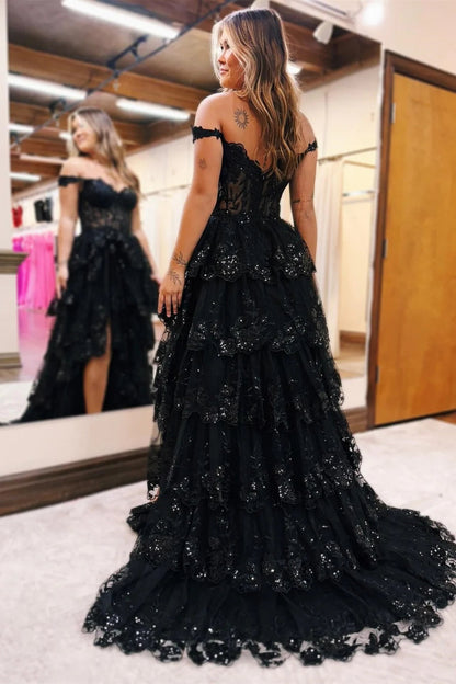 Robe de bal longue à volants et épaules dénudées avec appliques en tulle bleu PSK478