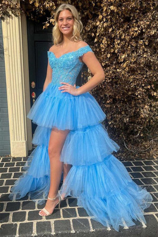 Robe de bal à volants en tulle bleu à épaules dénudées et en dentelle PSK397