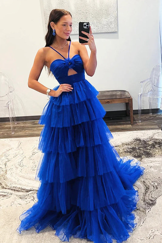 Blaues Tüll-Lagen-langes formelles Kleid Prinzessin Ballkleider PSK548