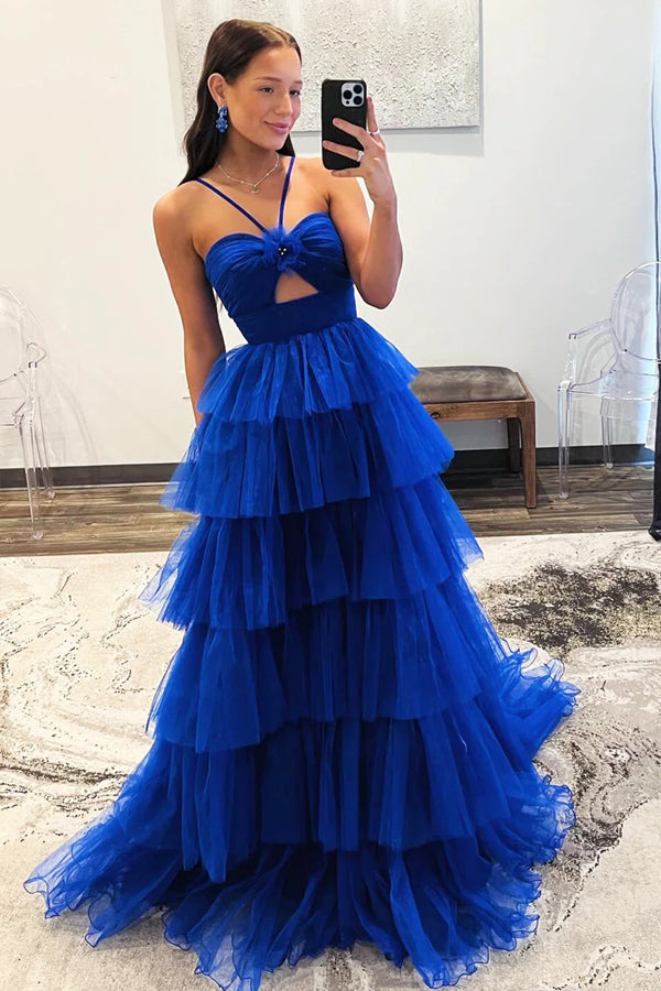 Blaues Tüll-Lagen-langes formelles Kleid Prinzessin Ballkleider PSK548