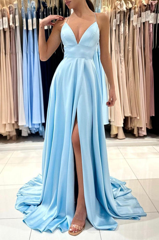 Robe de bal longue en satin bleu à col en V Robe de soirée simple en forme de A PSK396