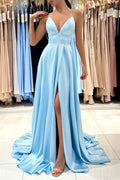 Vestido de fiesta largo de satén azul con escote en V y corte A sencillo PSK396