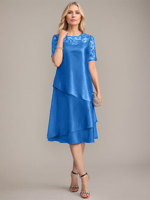 Vestido de madre de la novia con corte en A, escote redondo y largo hasta la rodilla, con apliques y lentejuelas