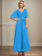 Vestido de gasa para madre de la novia con escote en V, largo hasta los tobillos, corte A y lentejuelas plisadas con cuentas