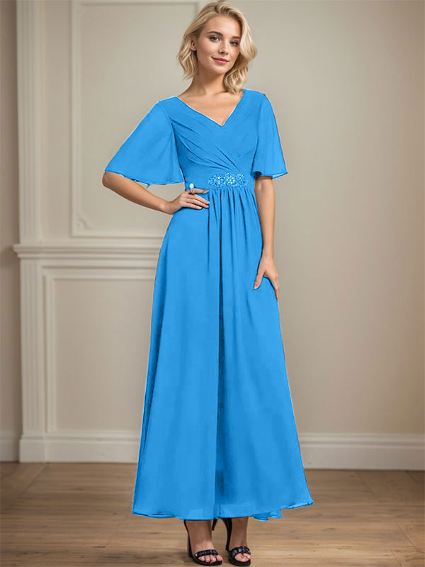 Vestido de gasa para madre de la novia con escote en V, largo hasta los tobillos, corte A y lentejuelas plisadas con cuentas