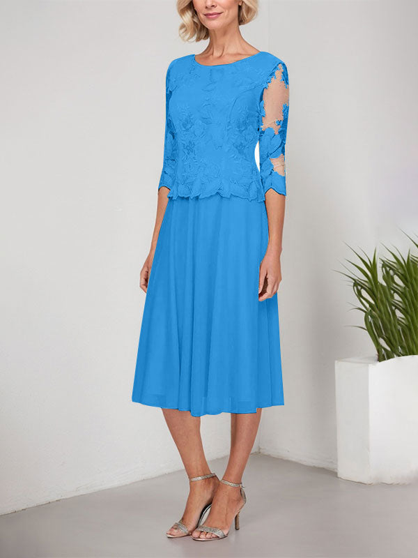 Vestido de gasa con encaje y bordado para madre de la novia, corte A, escote redondo y largo hasta la rodilla
