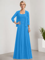 Vestido de madre de la novia de gasa con encaje, corte A, largo hasta el suelo, cuadrado y lentejuelas