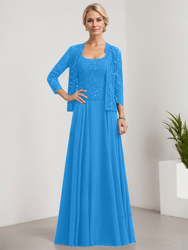 Vestido de madre de la novia de gasa con encaje, corte A, largo hasta el suelo, cuadrado y lentejuelas