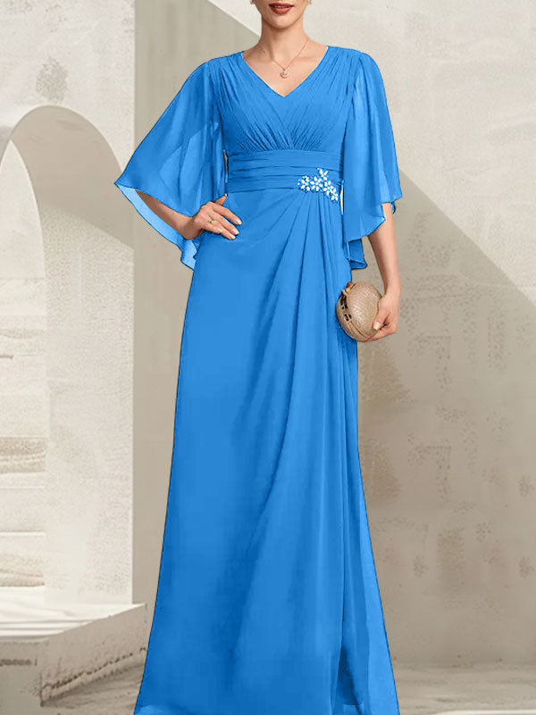 Etui-Linie/Säule V-Ausschnitt Bodenlang Chiffon Kleid für die Brautmutter mit Plissee Pailletten Perlenbesatz