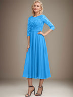 Vestido de gasa con encaje y lentejuelas para madre de la novia, corte A, escote redondo y largo hasta la rodilla