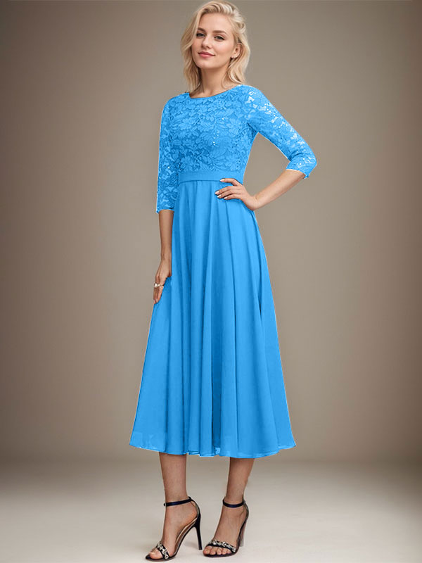 Vestido de gasa con encaje y lentejuelas para madre de la novia, corte A, escote redondo y largo hasta la rodilla