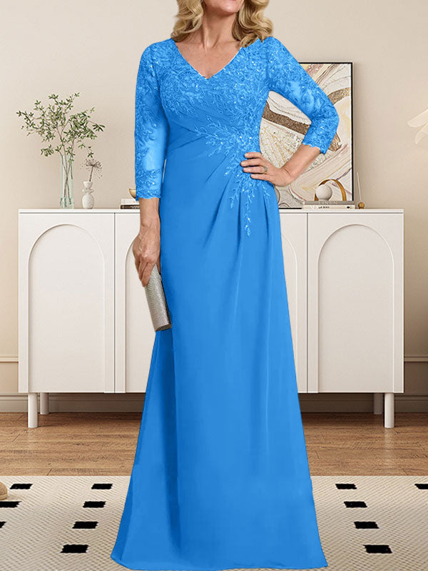 Vestido de madre de la novia de gasa con encaje, escote en V, ilusión, largo hasta el suelo, con lentejuelas plisadas