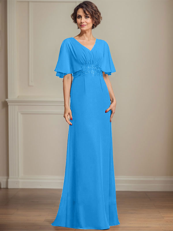 A-Linie V-Ausschnitt Bodenlanges Chiffonkleid für die Brautmutter mit plissierten Paillettenapplikationen Spitze