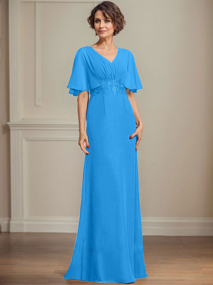 A-Linie V-Ausschnitt Bodenlanges Chiffonkleid für die Brautmutter mit plissierten Paillettenapplikationen Spitze