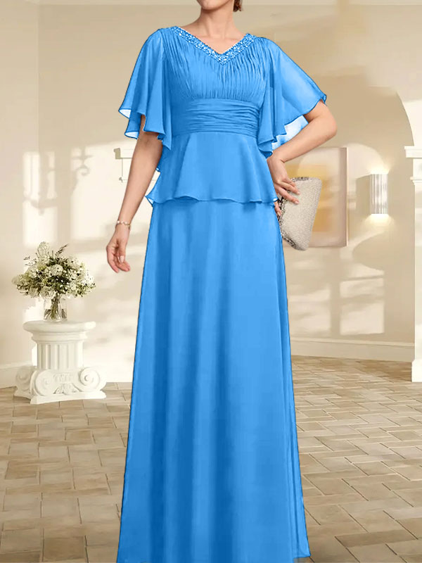 A-Linien-Kleid aus Chiffon mit V-Ausschnitt und bodenlangem Schnitt für die Brautmutter mit plissierten Perlen