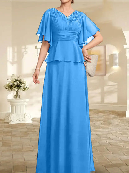 A-Linien-Kleid aus Chiffon mit V-Ausschnitt und bodenlangem Schnitt für die Brautmutter mit plissierten Perlen